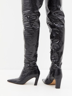 KHAITE Marfa crocodile-effect leather over-the-knee boot in black – glossy animal print high boots - flipped