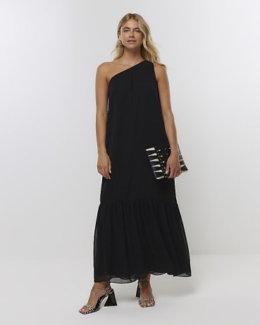 RIVER ISLAND BLACK ONE SHOULDER MAXI DRESS ~ floaty tiered hem evening dresses ~ long length party dresses with an asymmetric neckline - flipped