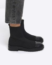 RIVER ISLAND BLACK QUILTED SOCK BOOTS ~ women’s round toe pull on tab ankle boot ~ casual autumn footwear