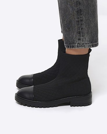 RIVER ISLAND BLACK QUILTED SOCK BOOTS ~ women’s round toe pull on tab ankle boot ~ casual autumn footwear - flipped