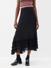 MOLLY GODDARD Rhonda frilled-hem chiffon midi skirt in black / semi sheer skirts with ruffled asymmetric hemline / ruffle detail hem / feminine boho style fashion