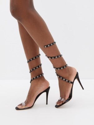 VALENTINO GARAVANI Rockstud 100 leather wrap sandals in black – studded barely there wraparound high heels - flipped