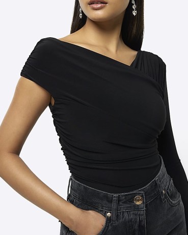 RIVER ISLAND BLACK RUCHED ASYMMETRIC BODYSUIT – chic asymmetrical off the shoulder bodysuits – one long sleeve tops - flipped