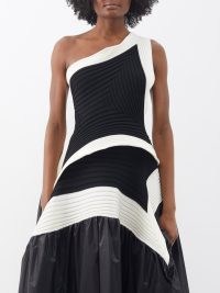 ISSEY MIYAKE Striped one-shoulder ribbed-knit top in black and white ~ monochrome asymmetric occasion tops