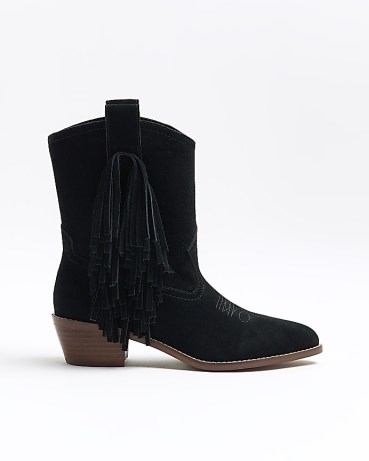 RIVER ISLAND BLACK SUEDE FRINGE DETAIL WESTERN BOOTS ~ women’s side fringed detail cowboy boot - flipped