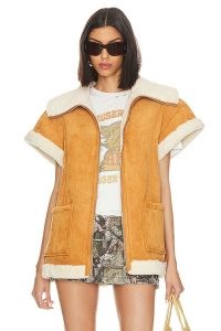 BLANKNYC Faux Fur Vest in Biscotti ~ tan front zip up borg lined vests ~ short sleeve jackets