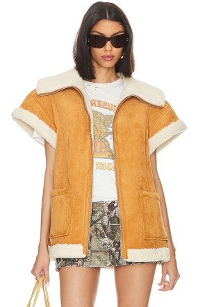 BLANKNYC Faux Fur Vest in Biscotti ~ tan front zip up borg lined vests ~ short sleeve jackets - flipped