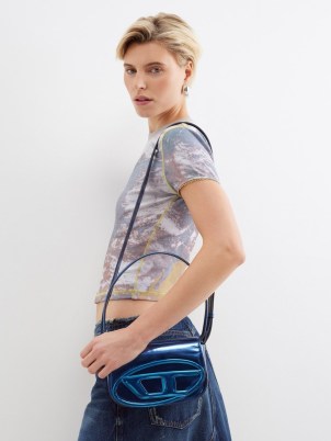 DIESEL 1DR metallic-leather shoulder bag in blue – glossy flap bags – shiny 90s style handbags - flipped