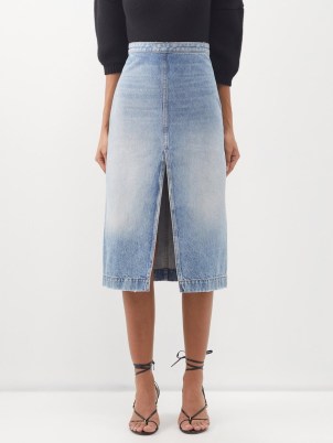 KHAITE Fraser front-slit denim midi skirt in blue washed ~ high split hem skirts