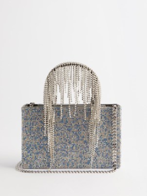 KARA Fringed crystal-embellished leather clutch bag in blue ~ small luxe bags covered in crustals - flipped