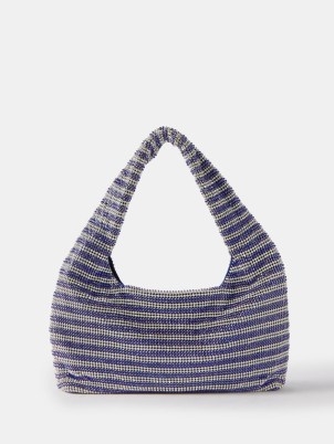 KARA Mini striped crystal-mesh shoulder bag in blue and silver | small luxe top handle bags - flipped