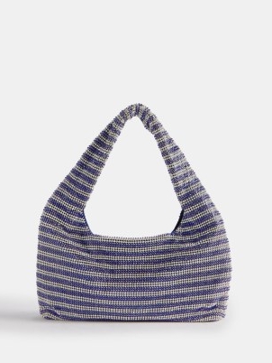 KARA Mini striped crystal-mesh shoulder bag in blue and silver | small luxe top handle bags