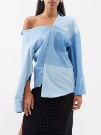A.W.A.K.E. MODE Patchwork asymmetric upcycled-denim shirt ~ women’s asymmetrical tonal blue shirts ~ contemporary clothing