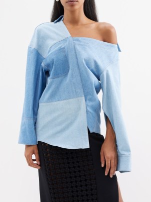 A.W.A.K.E. MODE Patchwork asymmetric upcycled-denim shirt ~ women’s asymmetrical tonal blue shirts ~ contemporary clothing - flipped