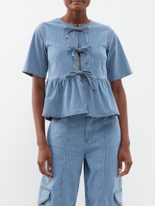 GANNI Striped organic cotton-blend denim blouse ~ blue stripe peplum tops ~ tie front blouses with a tiered hem - flipped