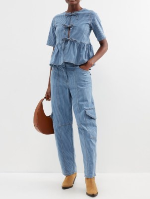 GANNI Striped organic cotton-blend denim cargo trousers ~ women’s blue stripe side pocket jeans - flipped