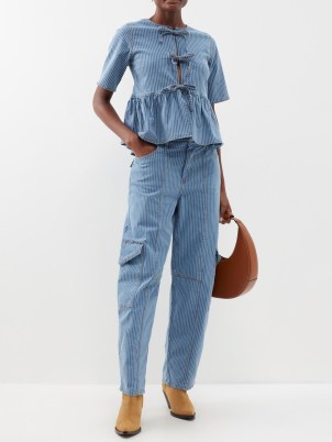 GANNI Striped organic cotton-blend denim cargo trousers ~ women’s blue stripe side pocket jeans