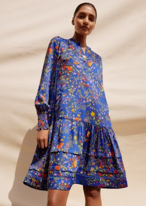 Bluebell Print Short Swing Dress in Electric Blue/Orange/Green/Red – fluid floral satin dresses with a tiered hemline