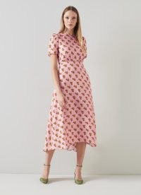 L.K. BENNETT Boyd Pink Rosebud Print Silk Midi Dress – silky floral shirt sleeve dresses