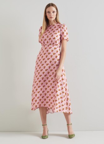 L.K. BENNETT Boyd Pink Rosebud Print Silk Midi Dress – silky floral shirt sleeve dresses - flipped