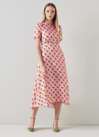 L.K. BENNETT Boyd Pink Rosebud Print Silk Midi Dress – silky floral shirt sleeve dresses
