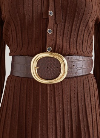 L.K. BENNETT Bromley Brown Croc-Effect Leather Belt ~ women’s wide gold buckle belts ~ womens crocodile print accessories - flipped