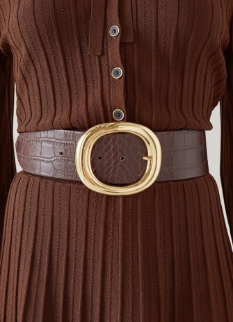L.K. BENNETT Bromley Brown Croc-Effect Leather Belt ~ women’s wide gold buckle belts ~ womens crocodile print accessories