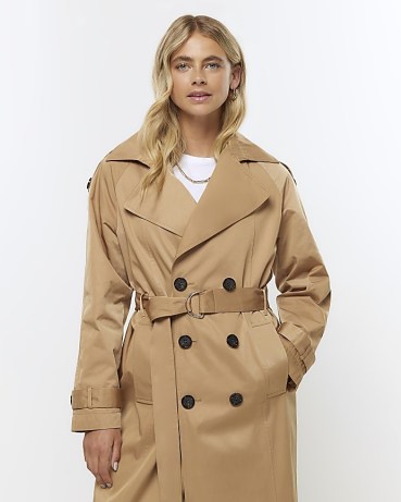 RIVER ISLAND BROWN DOUBLE BREASTED TRENCH COAT ~ women’s classic longline autumn coats - flipped