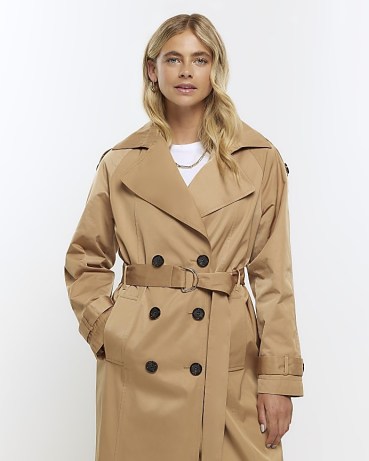 RIVER ISLAND BROWN DOUBLE BREASTED TRENCH COAT ~ women’s classic longline autumn coats