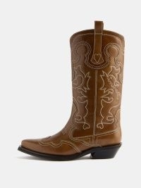 GANNI Embroidered leather cowboy boots in brown ~ women’s Western inspired footwear