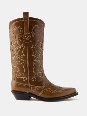 GANNI Embroidered leather cowboy boots in brown ~ women’s Western inspired footwear - flipped