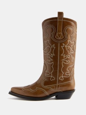 GANNI Embroidered leather cowboy boots in brown ~ women’s Western inspired footwear