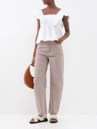 GANNI Magny striped organic-cotton wide-leg jeans ~ women’s brown and white stripe jean ~ womens summer denim clothing