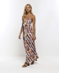 River Island BROWN PRINT SLIP MAXI DRESS | long length cami strap floral dresses | strappy back fashion