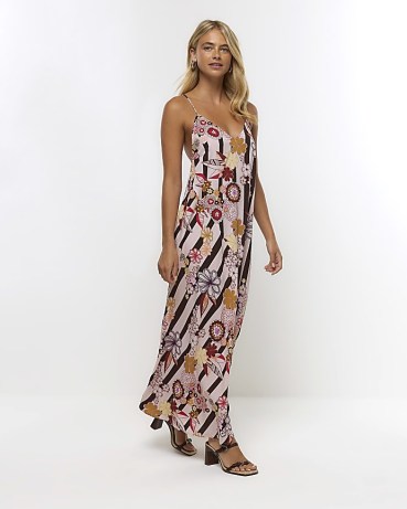 River Island BROWN PRINT SLIP MAXI DRESS | long length cami strap floral dresses | strappy back fashion - flipped