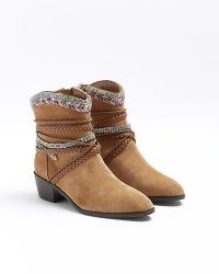 River Island BROWN SUEDE PLAITED EMBELLISHED WESTERN BOOTS ~ women’s cowboy style footwear