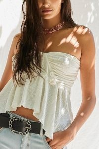 FREE PEOPLE Delicate Rose Tube Top in Pastry Cream / off white bohemian bandeau tops / strapless boho fashion / asymmetric handkerchief hem / ruched and floral applique bust details / sweetheart neckline