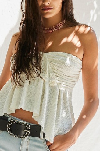 FREE PEOPLE Delicate Rose Tube Top in Pastry Cream / off white bohemian bandeau tops / strapless boho fashion / asymmetric handkerchief hem / ruched and floral applique bust details / sweetheart neckline