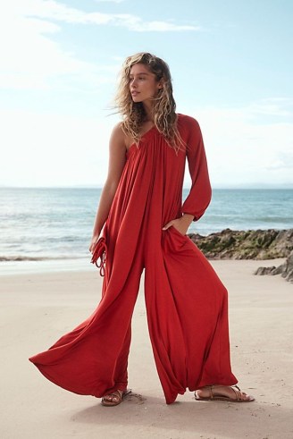 free-est Sunday Stroll Jumpsuit in Rust / flowing wide leg one shoulder jumpsuits / billowy asymmetric fashion / boho clothes / bohemian clothing - flipped