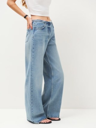 Reformation Cary Mid Rise Cut Off Waistband Wide Leg Jeans in Atwood ~ women’s blue relaxed fit raw waist jean - flipped