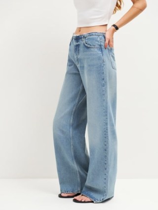 Reformation Cary Mid Rise Cut Off Waistband Wide Leg Jeans in Atwood ~ women’s blue relaxed fit raw waist jean