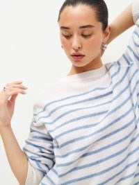 Reformation Cashmere Boyfriend Sweater in Ivory With Parisian Blue Stripe | women’s striped relaxed fit sweaters | womens sustainable knitwear