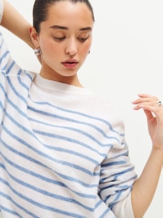 Reformation Cashmere Boyfriend Sweater in Ivory With Parisian Blue Stripe | women’s striped relaxed fit sweaters | womens sustainable knitwear - flipped