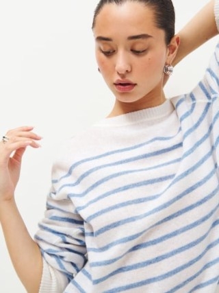 Reformation Cashmere Boyfriend Sweater in Ivory With Parisian Blue Stripe | women’s striped relaxed fit sweaters | womens sustainable knitwear