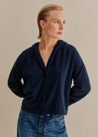 me and em Cashmere Drop Shoulder Box Crop Hoody in Dark Navy – luxe hoodies – women’s blue relaxed fit hooded tops -casual knitwear