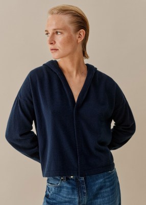 me and em Cashmere Drop Shoulder Box Crop Hoody in Dark Navy – luxe hoodies – women’s blue relaxed fit hooded tops -casual knitwear - flipped