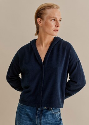me and em Cashmere Drop Shoulder Box Crop Hoody in Dark Navy – luxe hoodies – women’s blue relaxed fit hooded tops -casual knitwear