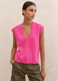 ME and EM Cashmere Dropped Shoulder V-Neck Vest in Ultra Pink ~ womens bubblegum coloured vests ~ luxe tank top ~ luxury knitted tanks ~ women’s sleeveless sweater