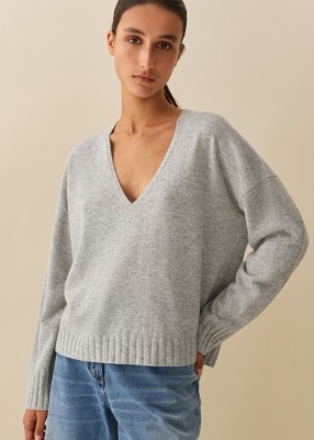 me and em Cashmere Relaxed V-Neck Jumper in Silver Grey Marl | luxury drop shoulder sweaters | women’s luxe lightweight jumpers