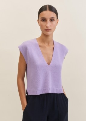 me and em Cashmere V-Neck Cropped Vest in Powder Lavender | women’s luxe knitwear | luxury knitted vests | cap sleeve tank | beautiful split hem tanks - flipped